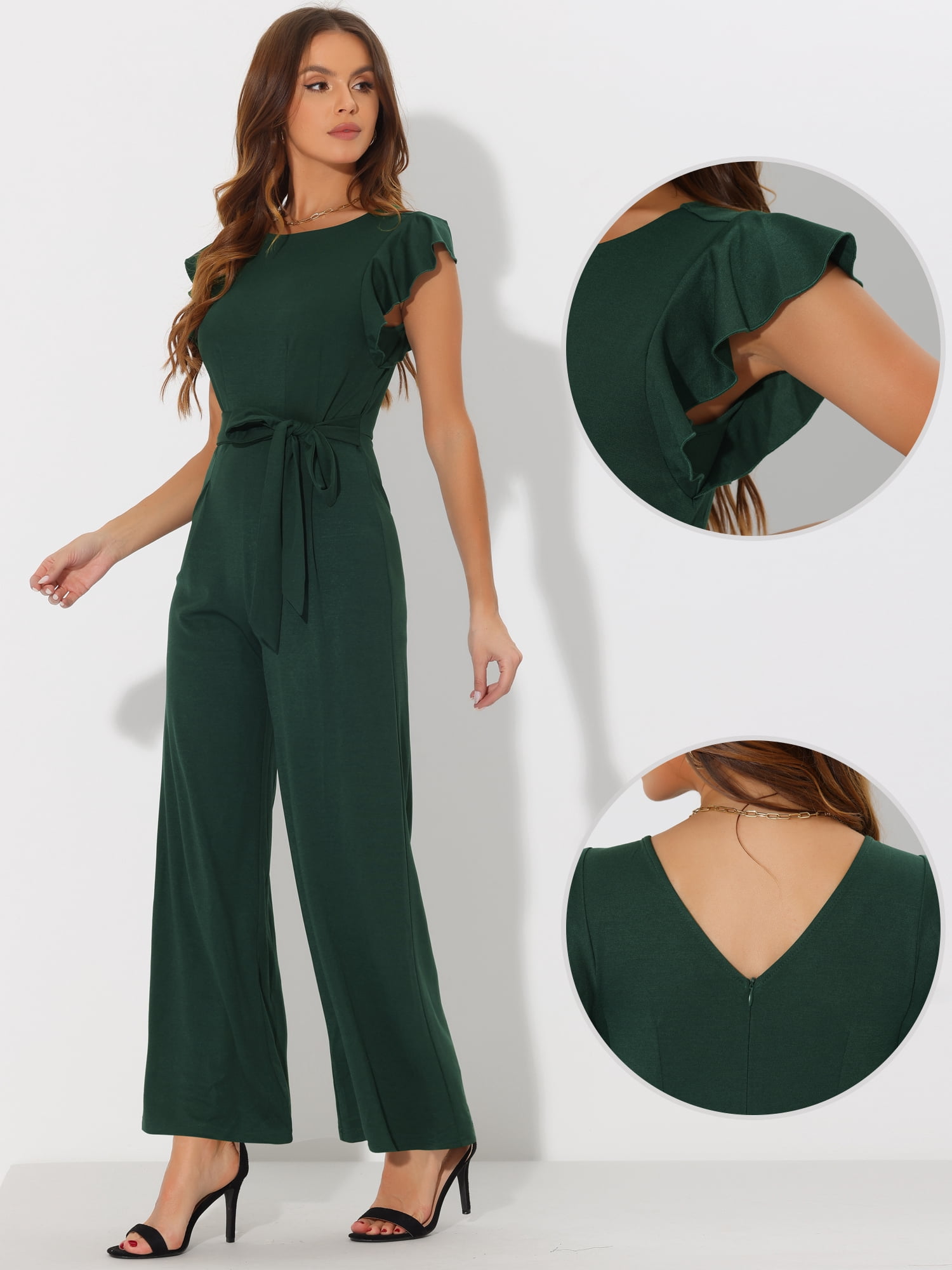DARING DIVA Women's Sleeveless Ruffle High Waist Belted Romper Jumpsuits XS Dark Green