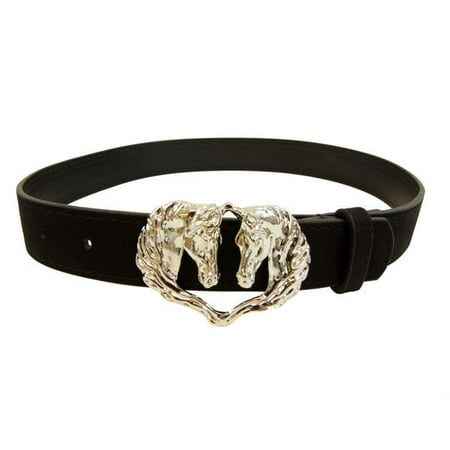 Horse Head Horseshoe Belt Buckle - Winners Outer Wear WB90022 Ladies Belt Double Horse Head Buckle, Black - Size 22