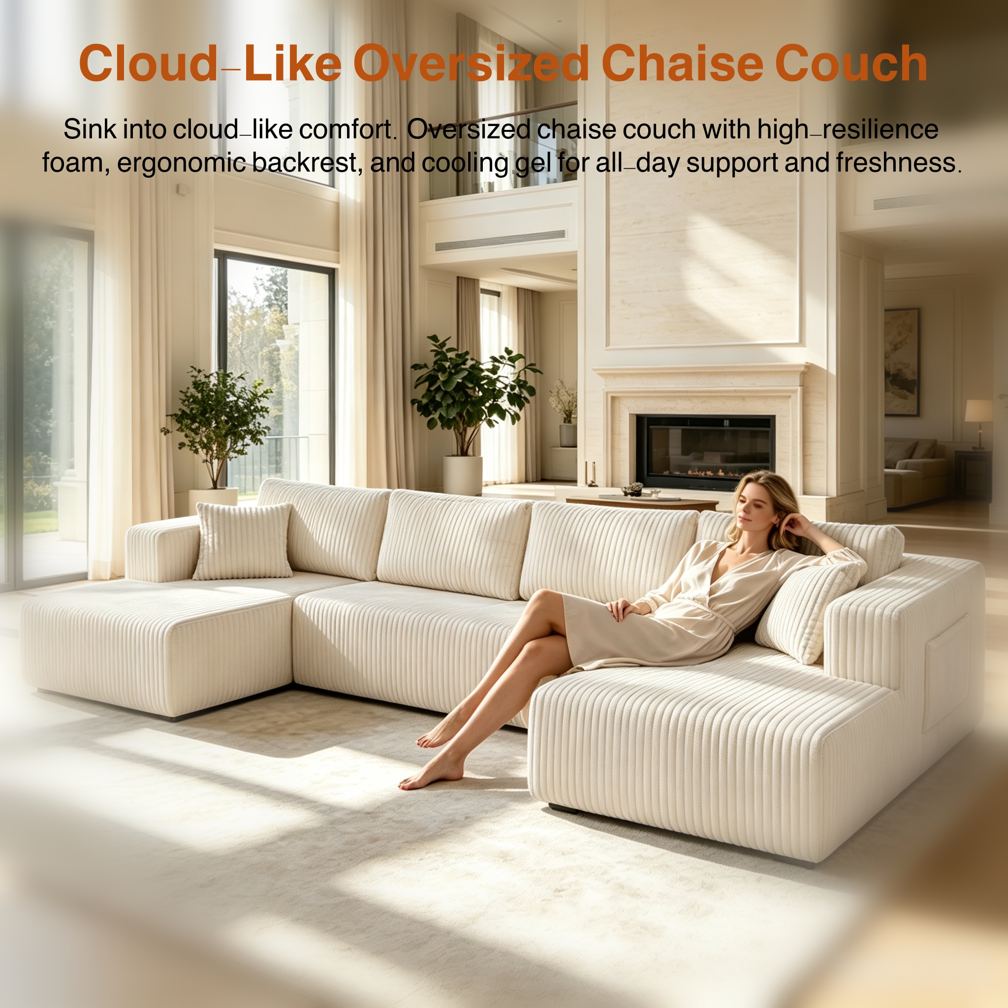 ShiKeyi 132.5" Modern U-Shaped Modular Sectional Sofa with Double Chaise, Corduroy Fabric Cloud Couch Set with Storage Pockets for Living Room, No Assembly Required, Beige