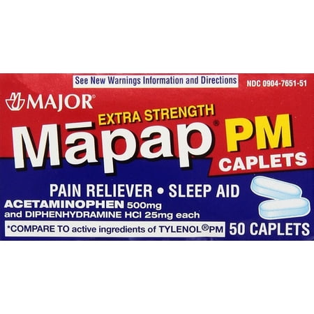 MAJOR MAPAP PM CPLT ACETAMINOPHEN-500 MG Blue 50 CAPLETS UPC 309047651511