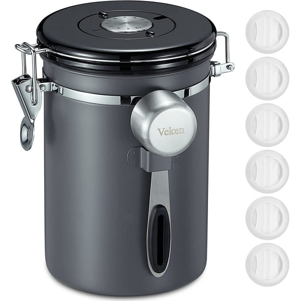 Recipiente hermético para café, de acero inoxidable, para almacenar alimentos en la cocina, con rastreador de fechas y cuchara para café molido, frijoles, harina, cereales y azúcar, color
