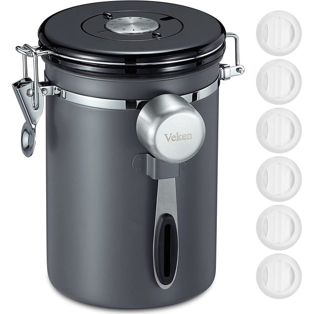 Recipiente hermético para café, de acero inoxidable, para almacenar alimentos en la cocina, con rastreador de fechas y cuchara para café molido, frijoles, harina, cereales y azúcar, color