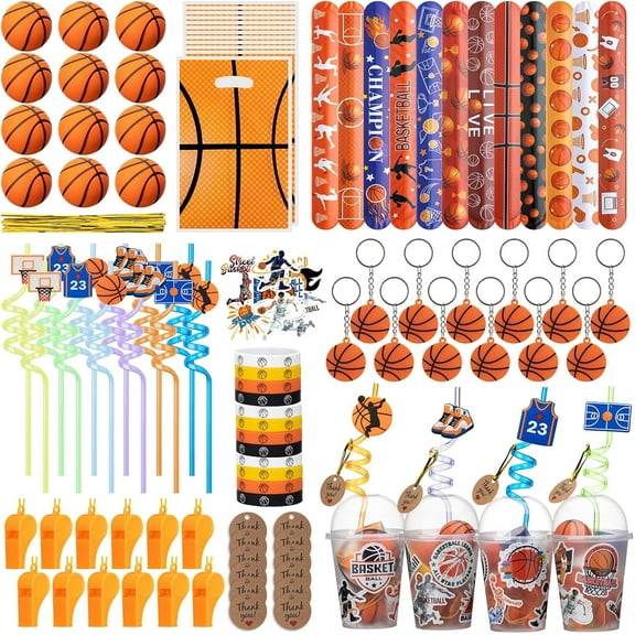 170 Pcs Basketball Party Favors Pack with Cups Straws Stress Ball Silicone Wristbands Slaps Bracelets Keychains Stickers Whistles Thank You Tags Goodie Bags for Basketball Birthday Party Supplies