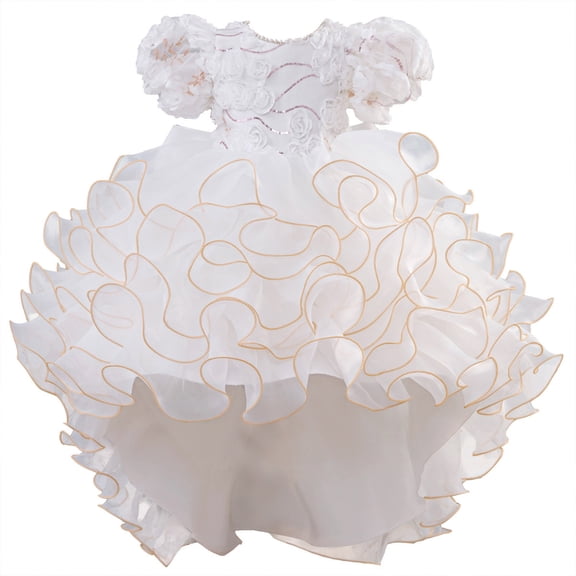 RUTAYY Children Girls Dress Solid Color Crew Neck Puffy Short Sleeve Floral Appliques Birthday Party Gown Formal Wear Classic Seaside Dresses