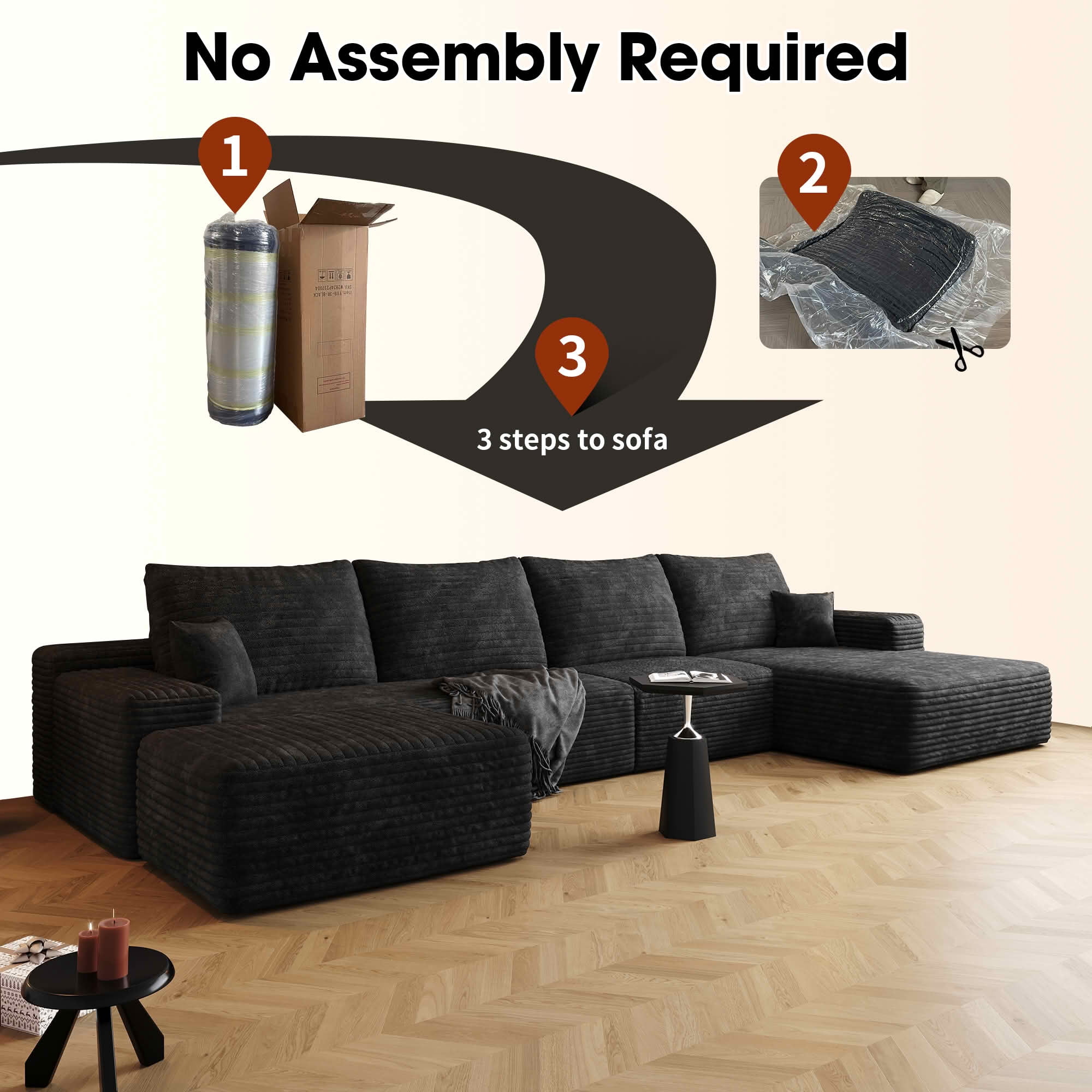 MAYEERTY 135" Cloud Sectional Sofa with Ottoman, U Shaped Deep Seat Couch, Plush Corduroy Fabric, No Assembly Required, Black