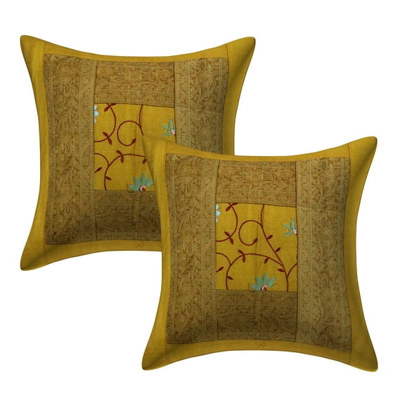 Stylo Culture Indian Sofa Throw Pillow Covers Embroidered 16 x 16 Brocade Patchwork Gold Traditional 40cm x 40cm Bed Room Polydupion Floral Square Cushion Covers | Set Of 2