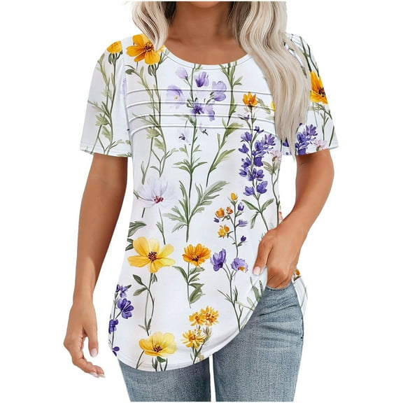 Women's Summer T-Shirts New Fashion Floral Prints Top Loose Round Neck Chest Pleated Shirts Womens Casual Short Sleeve Blouses Pullover Tops