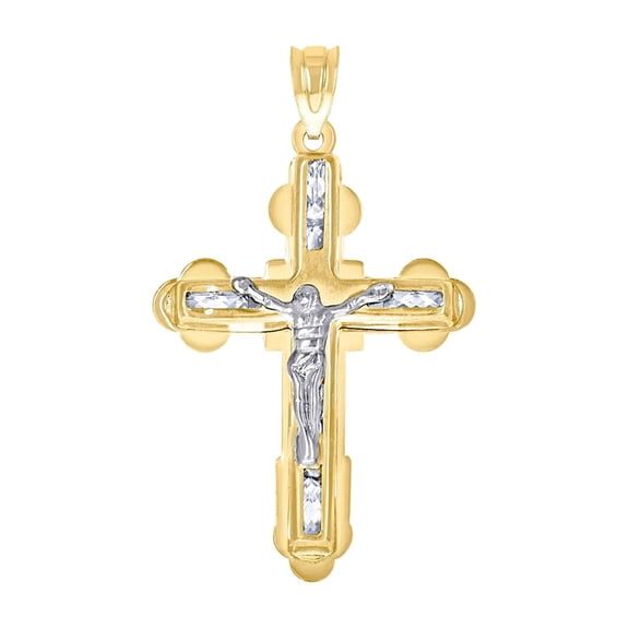 10k Two-tone Gold Mens Cubic Zirconia Crucifix Cross Religious Charm Pendant 41.7x24.1mm Wide Necklace for Men
