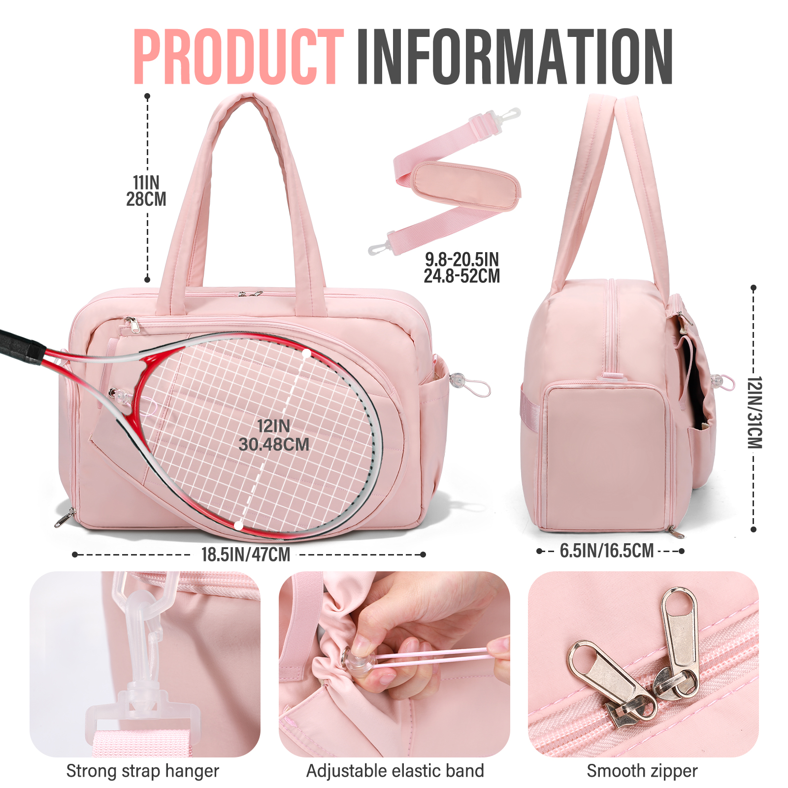 Gocvo Womens Tennis Bag with Shoe Compartment, Versatile Lightweight Tennis Racket Bag, Sports Bag for Tennis Pickleball Badminton (Pink)