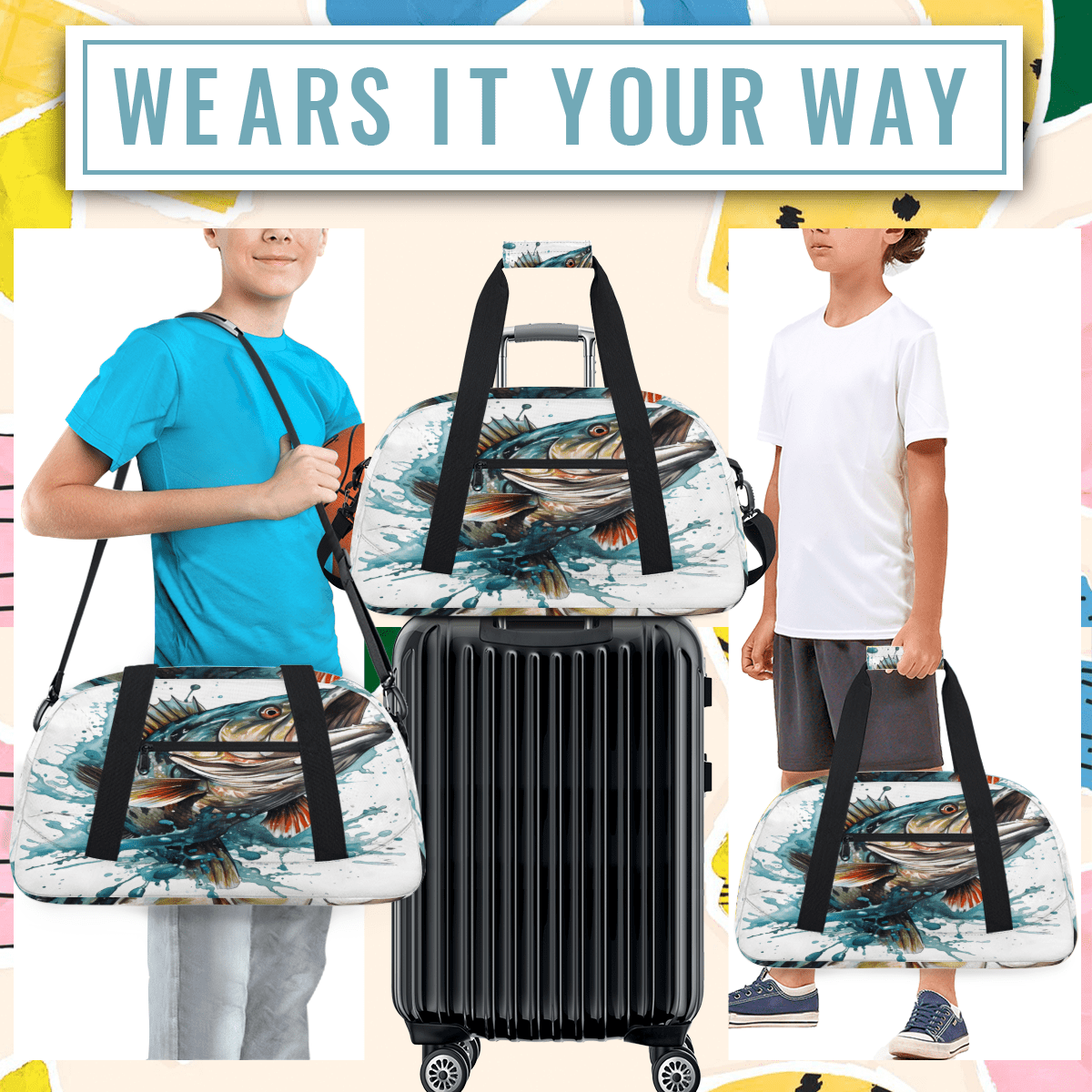 Herdesigns Funny Fish Sports Duffle Bag for Women & Men, Bass Fish Gym Bag Dance Bag Overnight Bag Carry On Weekender Travel Bag