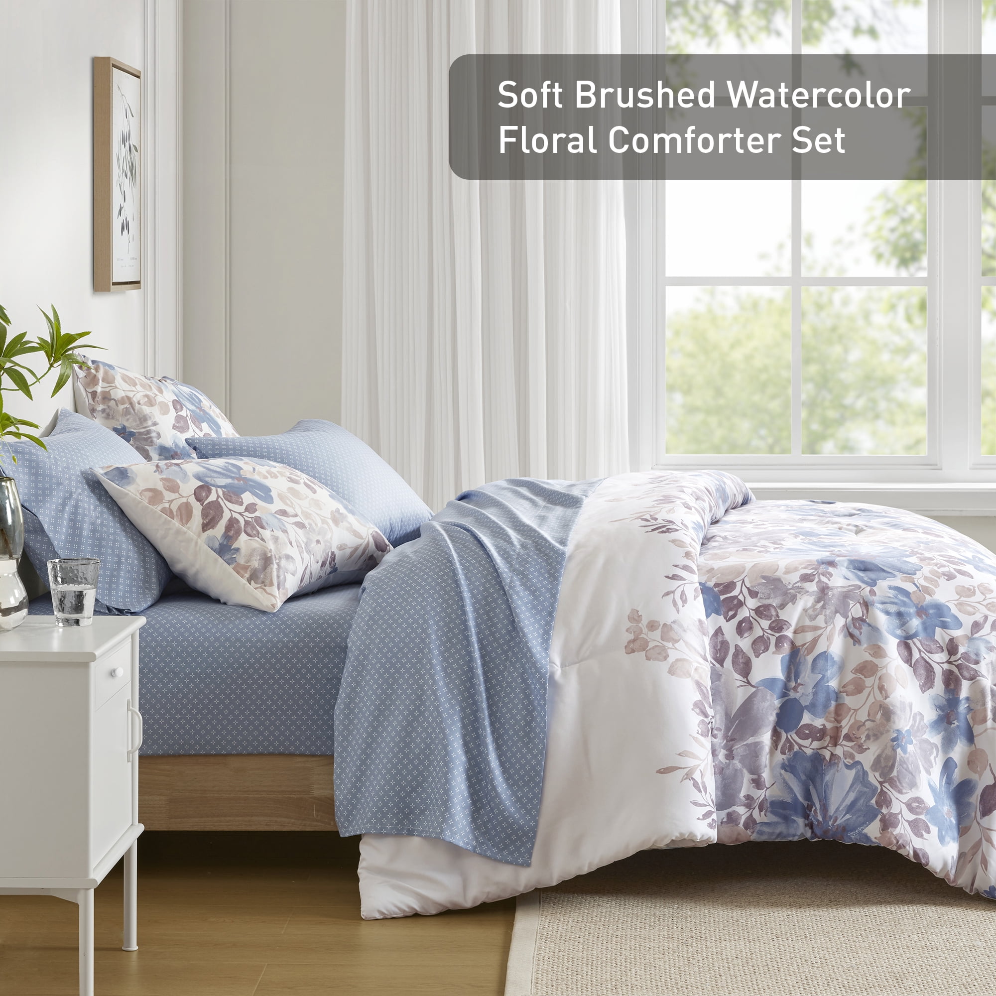 Regency Heights Queen Comforter Set with Sheets, Soft Brushed Bed in A Bag with Diamond Printed Bed Sheets, 7 Piece Bedding Sets with Flat Sheet and Fitted Sheet, Blue