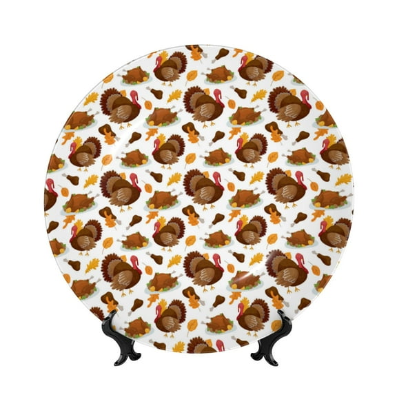 Easygdp Turkey And Thanksgiving3 Bone China Decorative Plate Ceramic Dinner Plates Art Crafts with Display Stand-6in