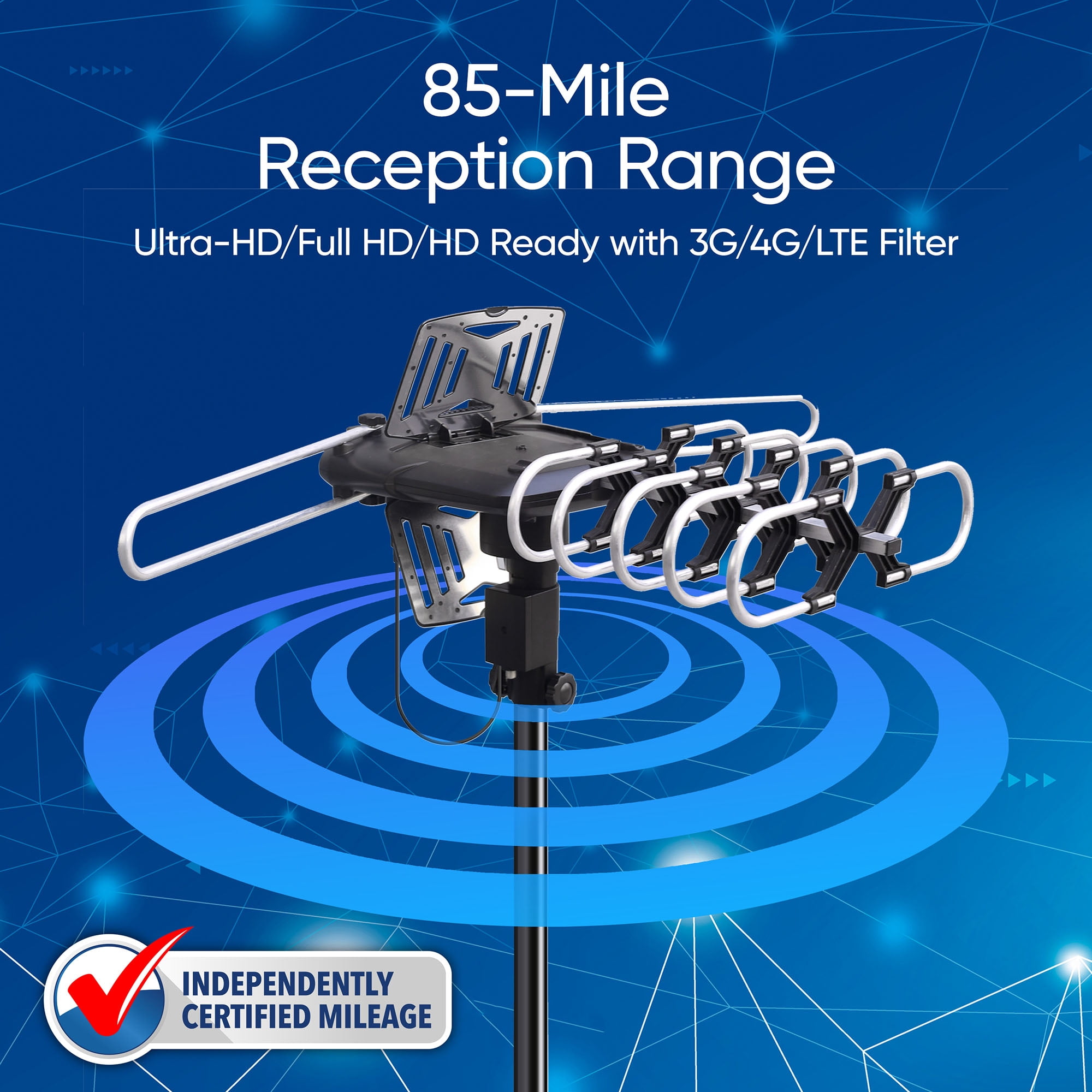 onn Outdoor TV Antenna with Mounting Pole, 85-mile Range (Reception Varies by Location), Supports HDTV & 4K UHD