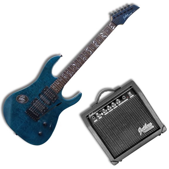 Paquete Guitarra Electrica Jethro Series By Steelpro 043-sk Color QUILTED BLUE Material del diapasón ALAMO NEGRO Orientación de la mano Diestro