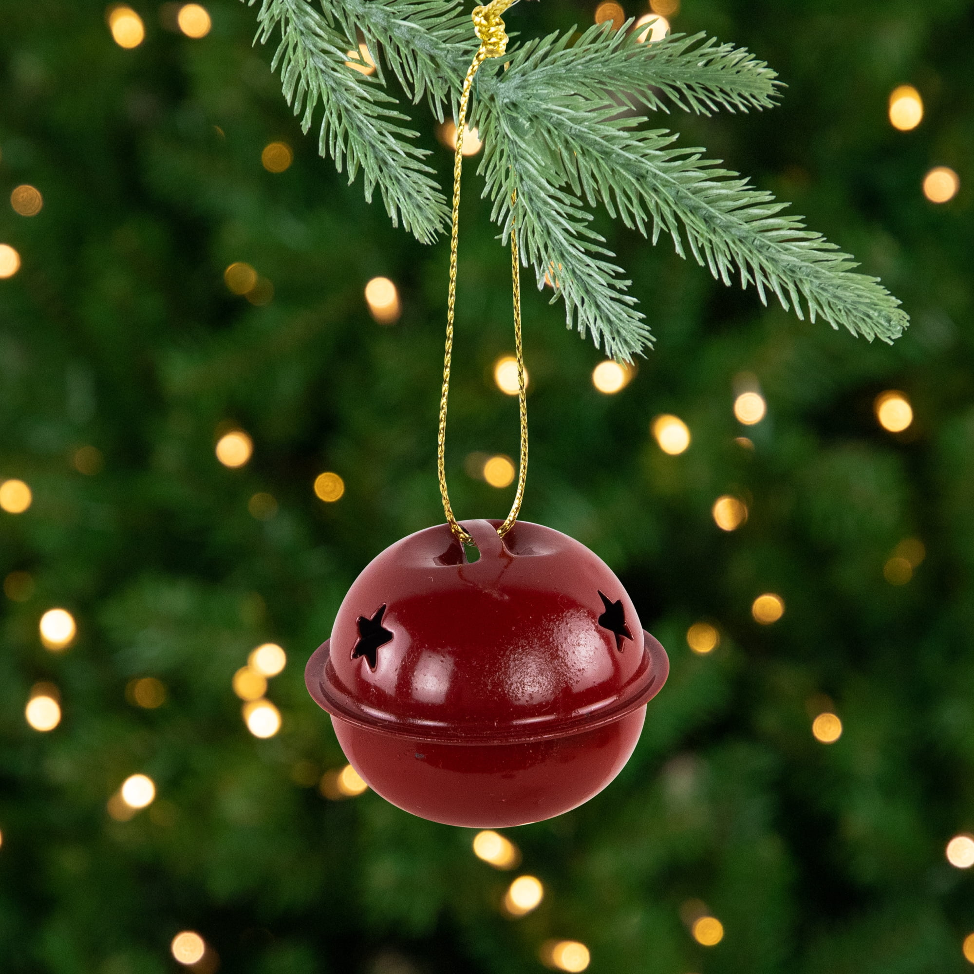 Snowflakes and Stars Christmas Jingle Bell Ornaments - 1.5" - Burgundy - 12ct