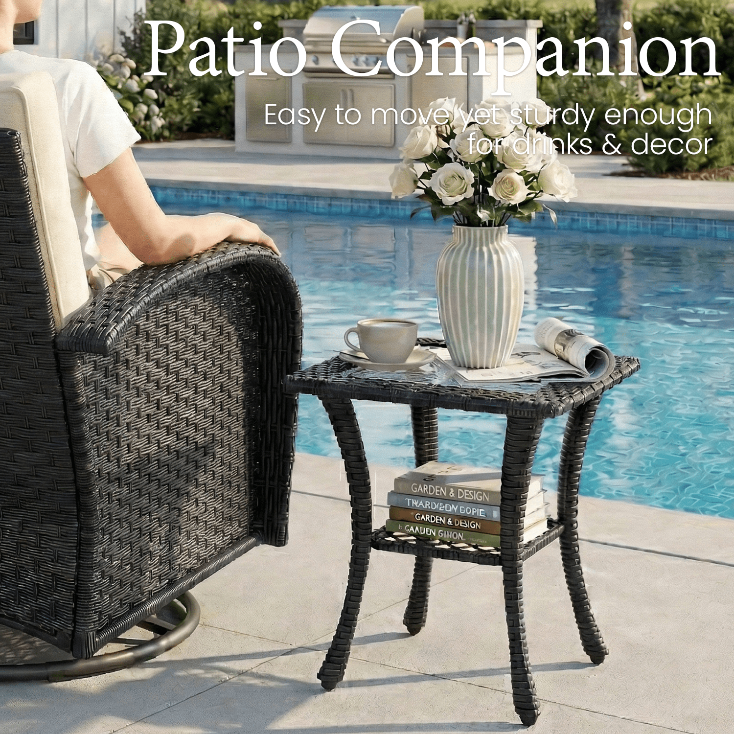 LayinSun 7 Pieces Patio Outdoor Conversation Set, Wicker Furniture Set with Swivel Chairs and Fire Pit Table 7-Seat