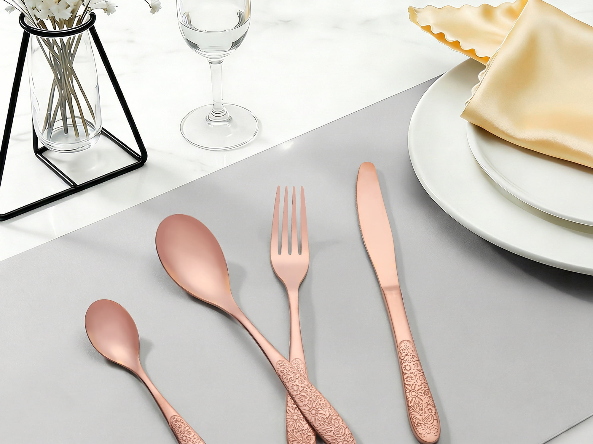 Unique Bargains 4 Piece Stainless Steel Floral Flatware Rose Gold 4