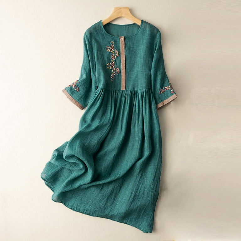 Juesizh Womens Cotton Linen Dress Holiday Crew Neck Half Sleeve Midi Dress Vintage Comfy Floral Printed Waist Retraction Summer Dress, M-2xl, Women's, Juesizh Womens Cotton Linen Dress Holiday Crew Neck Half Sleeve Midi Dress Vintage Comfy Floral Printed Waist Retraction Summer Dress, M-2xl, Women's,