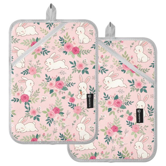 Ryvnso Cute Rabbit Flowers Pattern Oven Mitts Heat Resistant Pot Holders Set of 2 Hot Pads