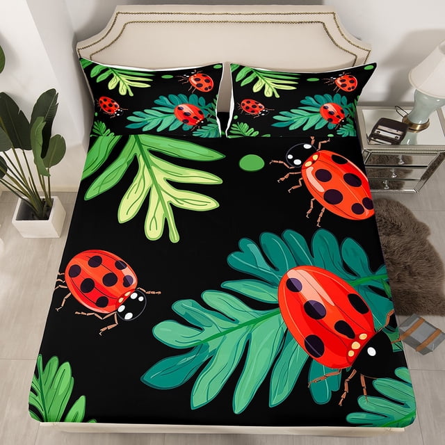 Full Size Fitted Sheet With 2 Pillowcases, Cartoon Ladybug Bed Sheets Summer Spring Red Animal Ladybugs Soft Bedding Set For Kids And Adults Bedroom Bed Decor(No Top Sheet)