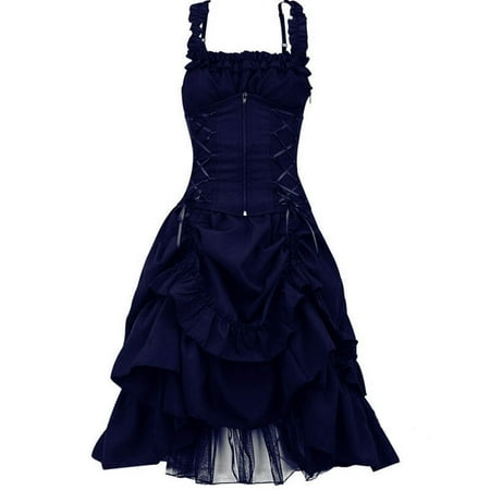 Apepal Women's Fashion Gothic Prom Dress Slim Irregular Straps Corset Lace Dresses Blue S