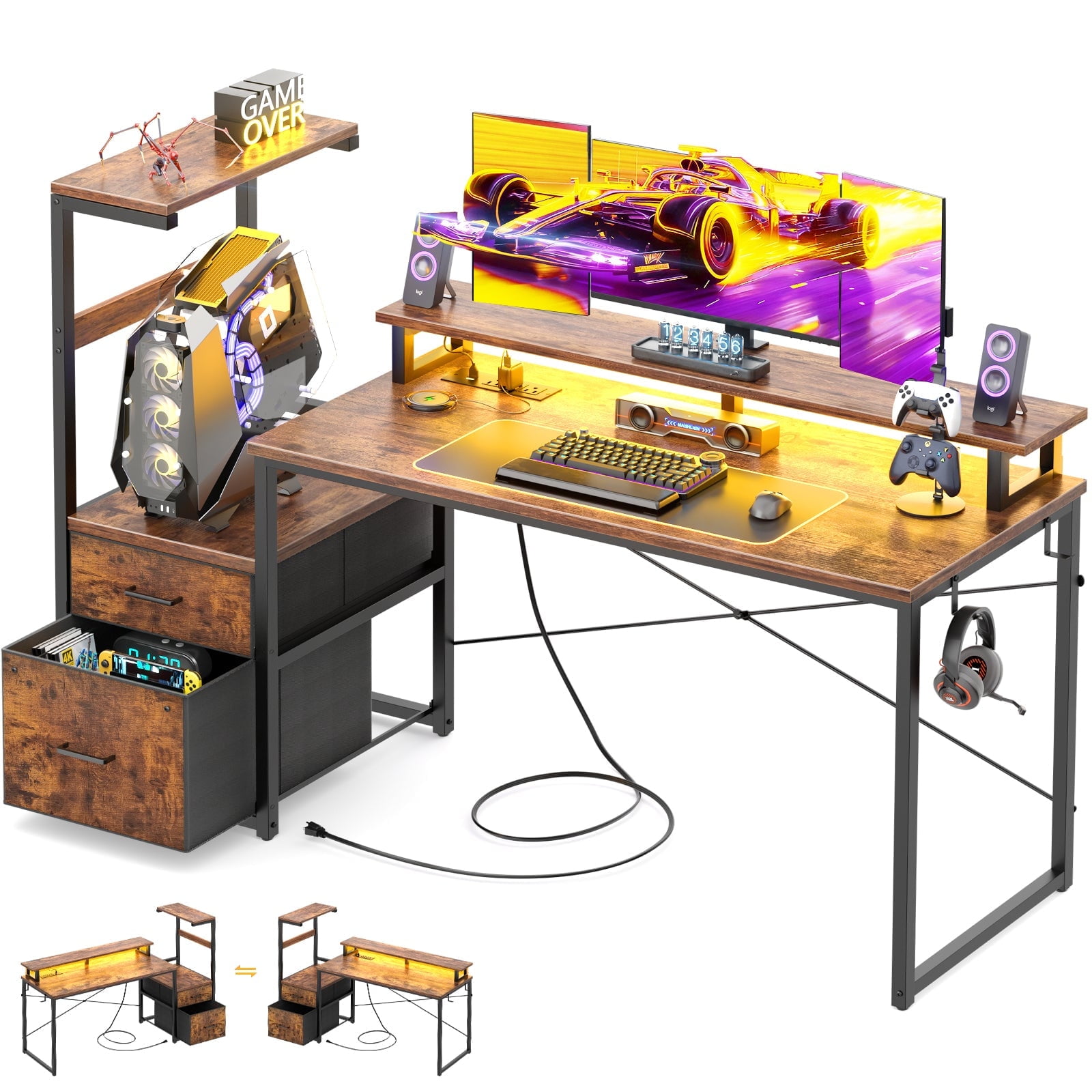 Homieasy Gaming Desk with LED Light Strip and Power Outlet, 59 Inch Reversible Computer Gaming Desk with Monitor Stand & Drawers, Rustic Brown
