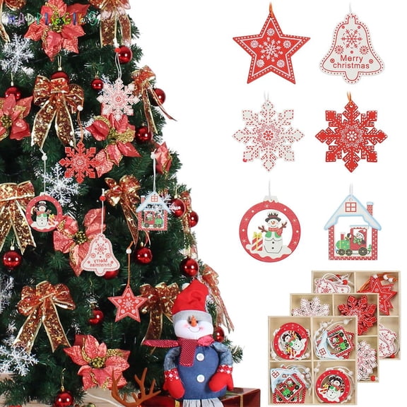 BadPiggies 12PCS Christmas Tree Hanging Ornaments Set, Snowflake Snowman Wooden Kit for Xmas Gift Holiday Party Decor