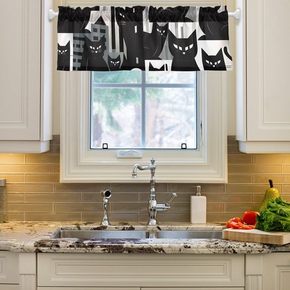 Black Cats Houses Curtain Valances Farmhouse Design Window Treatment Decor Blackout Rod Pocket for Windows Living Room Kitchen 54" x 18"