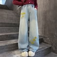 thumbnail image 2 of Generic Tween Girls Jeans Wide Leg Baggy Loose Denim Pants Heart Embroidery Y2K Elastic Waist Trousers Kids Streetwear Dance Washed, 2 of 5