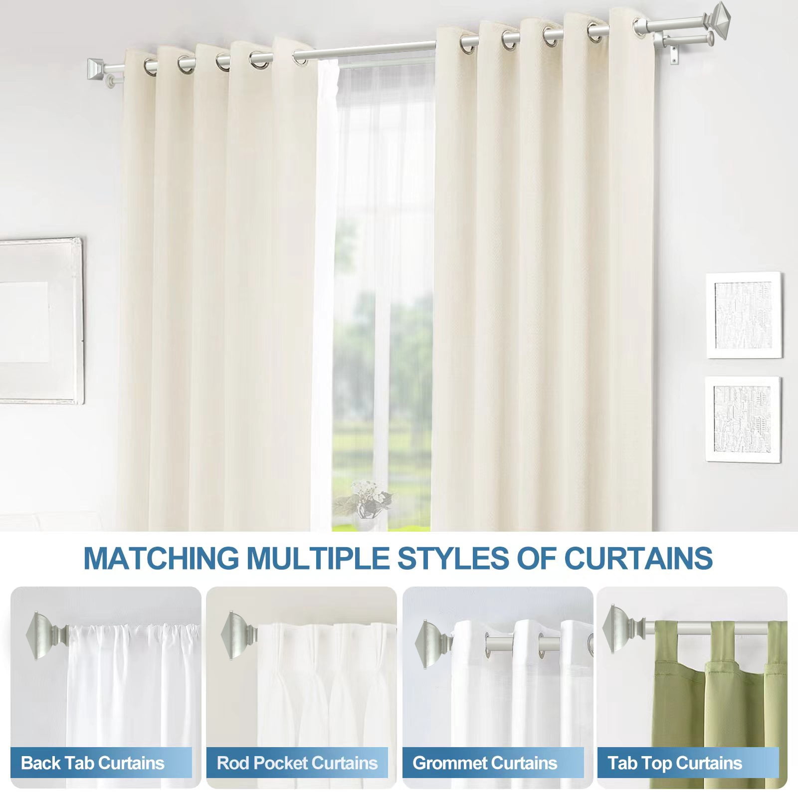Urbanest Adjustable Double Curtain Rod Set Metal with Decorative Square Urn Finials, Heavy-Duty