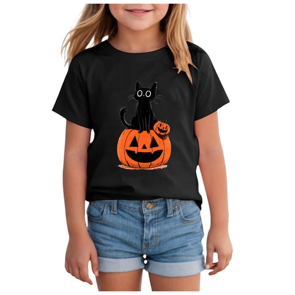 Dakiuu Kids Boys Girls Halloween Cat Pumpkin Short Sleeve Crewneck Graphic T Shirt for Trick Or Treat Night