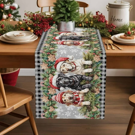 Christmas Pine Needles Santa Dogs Table Runner 14x72in Non-Slip Cotton Linen Table Runners Gray Black Plaid Dresser Scarves TableRunner for Dinner Kitchen Dining Wedding Party