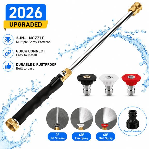 Pressure Washer Wand with 3 Adjustable Spray Nozzles for Car, Patio, and Garden Cleaning, 1-Piece, Black