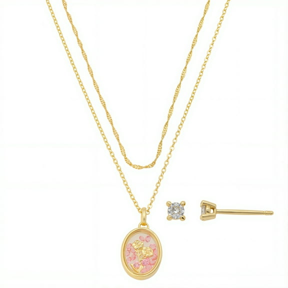 Believe by Brilliance Women's 14Kt Gold Flash Plated Genuine Crystal Shaker Flower Pendant Necklace and Earring Set