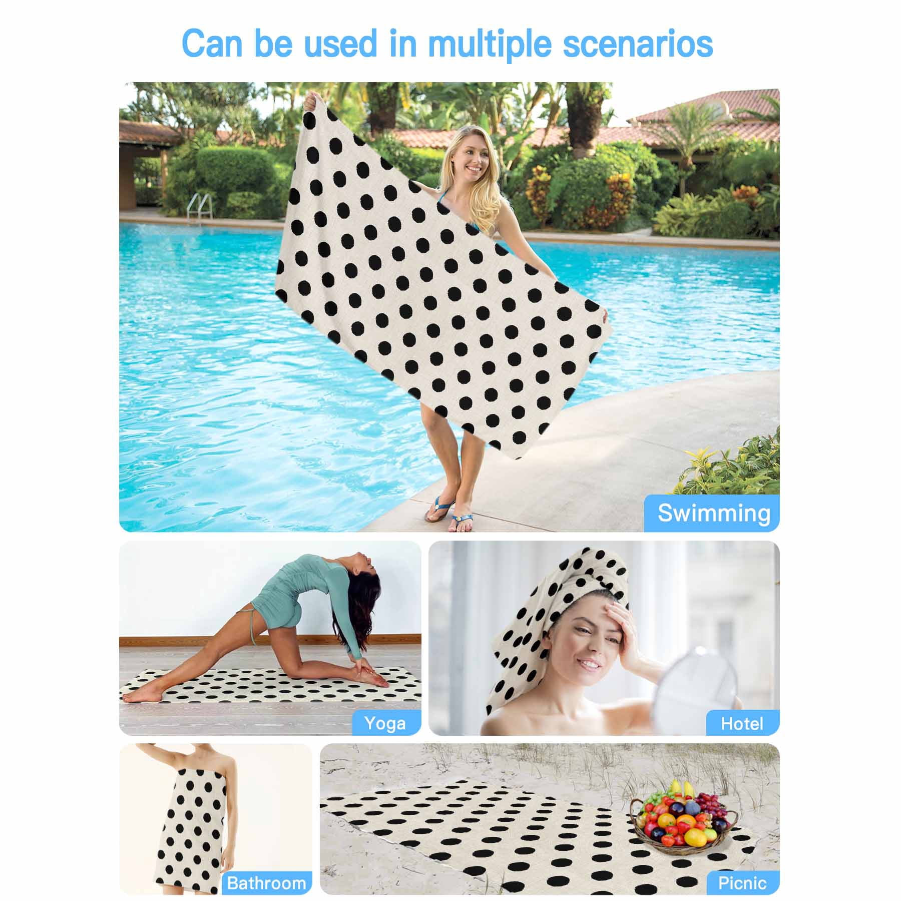 Beach Towel Black White Polka Dots Bath Pool Towels Cute Solid Color Linen Absorbent Beach Towel Soft Large Quick Dry Lightweight Camping Travel Sports Yoga Gym Swim Towels for Adult 35x70 Inch