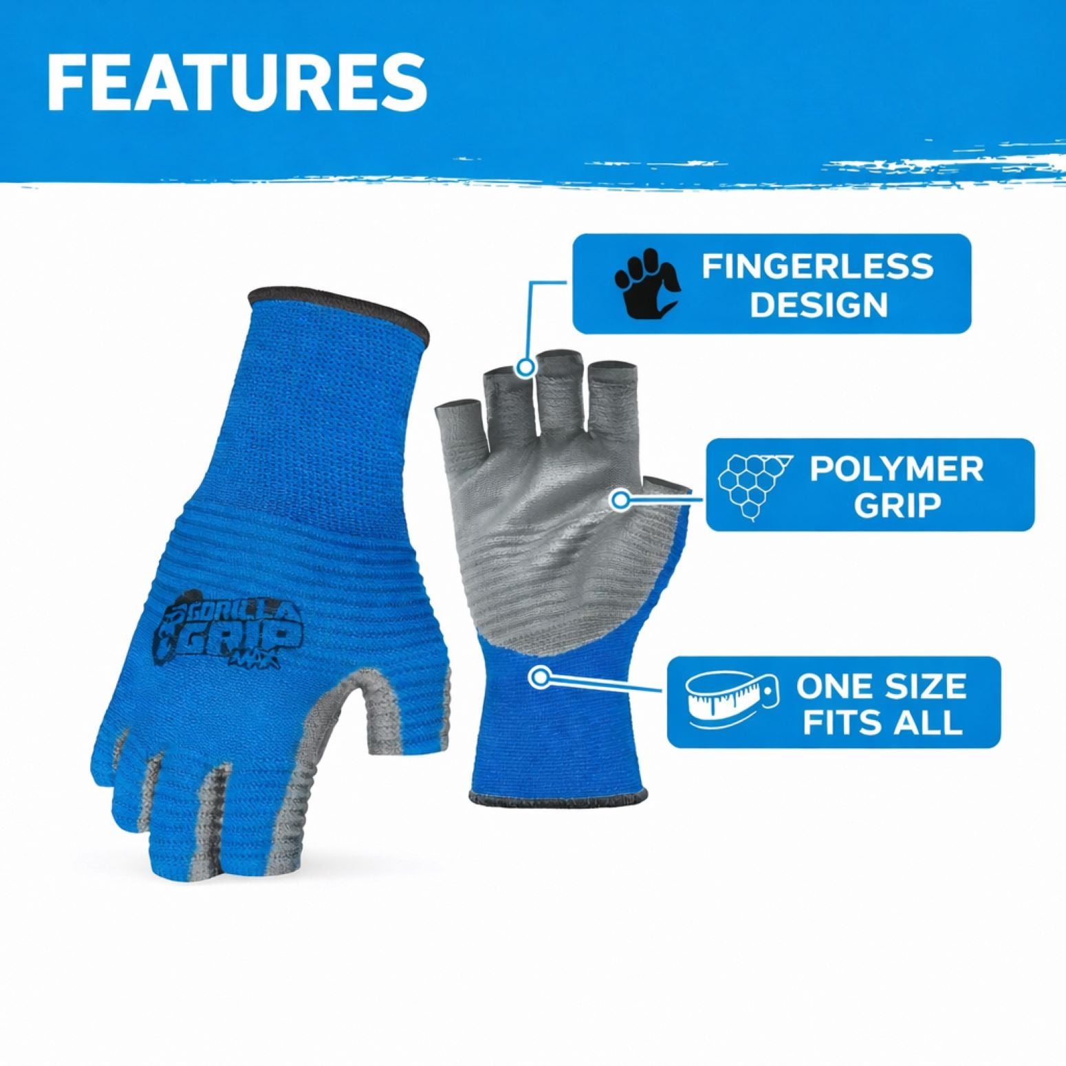 2 pack) Gorilla Grip MAX Fingerless Glove No Slip Polymer Grip