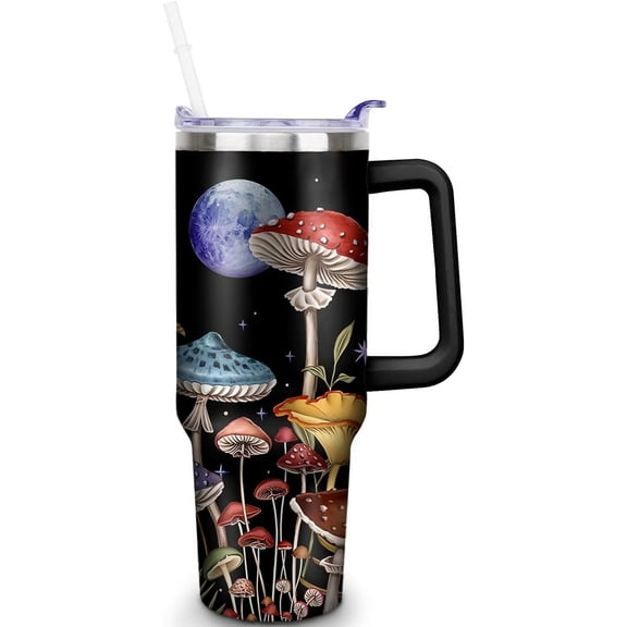 Mushroom 40 oz Tumbler with Handle and Straw, Double Wall Vacuum Insulated Stainless Steel Tumbler with straw, 100% Leak-proof Water Bottle, Travel Mug Coffee Cup, Gift for men and Women