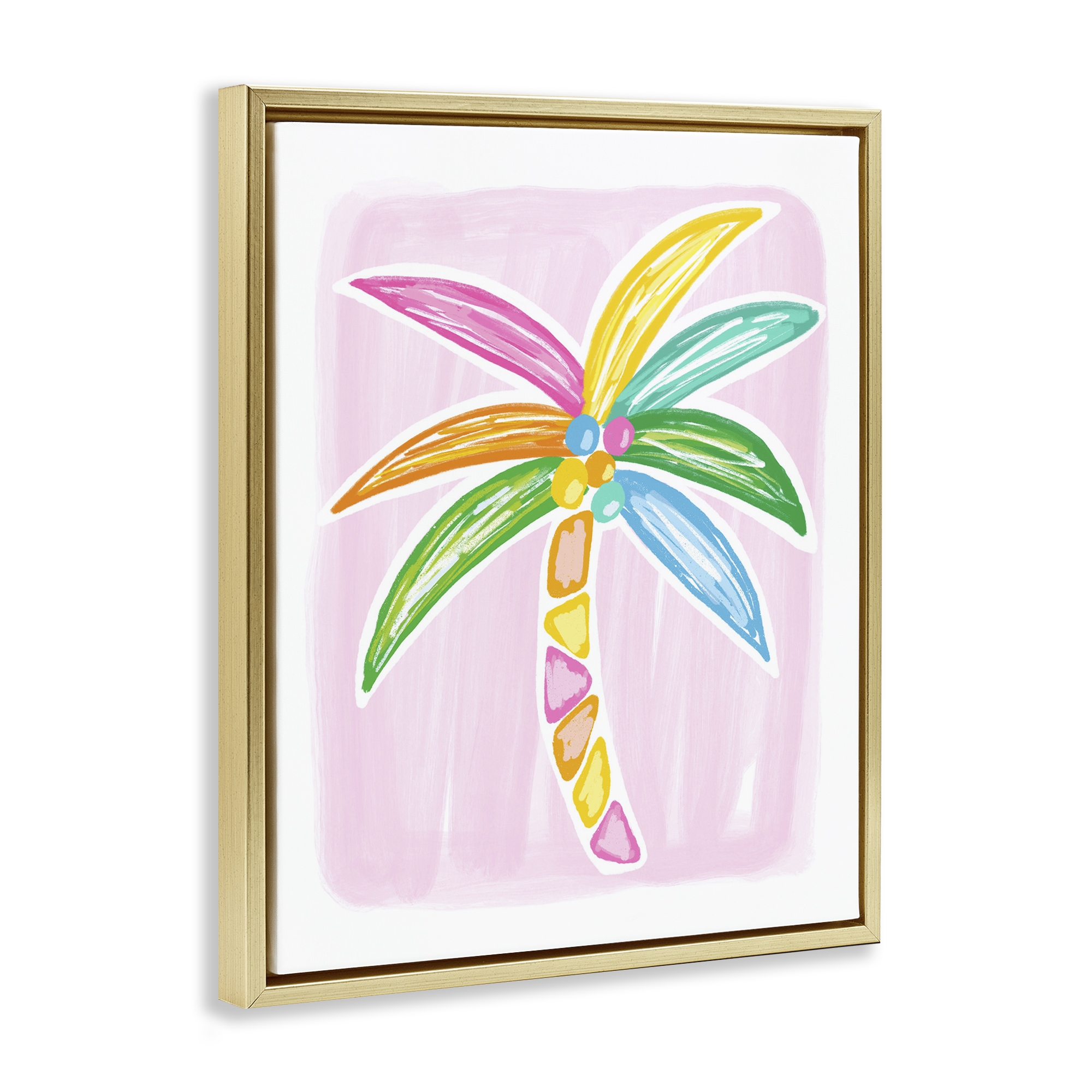 Stupell Industries Pastel Palm on Pink Botanical & Floral Painting Gold Floater Framed Canvas Art Print Wall Art, 25 x 31