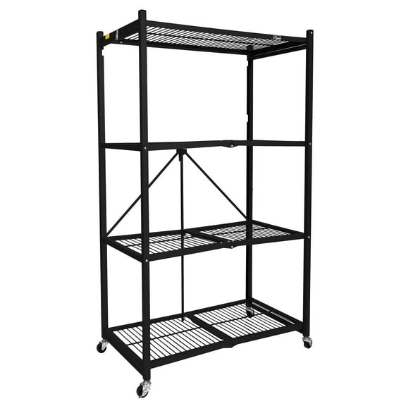 Origami R5 4-Shelf Heavy-Duty Folding Metal Storage Rack Unit with Wheels, Black