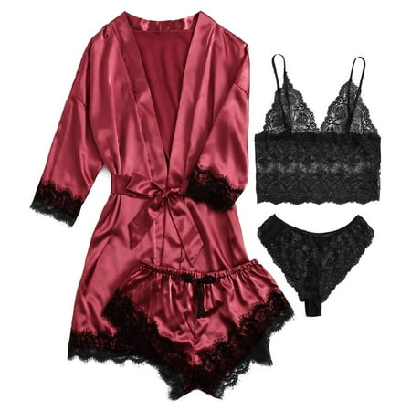 

Medcursor 4-Piece Women Garter Lingerie Set Robes Lace Bodysuit Deep-V Neck Underwear