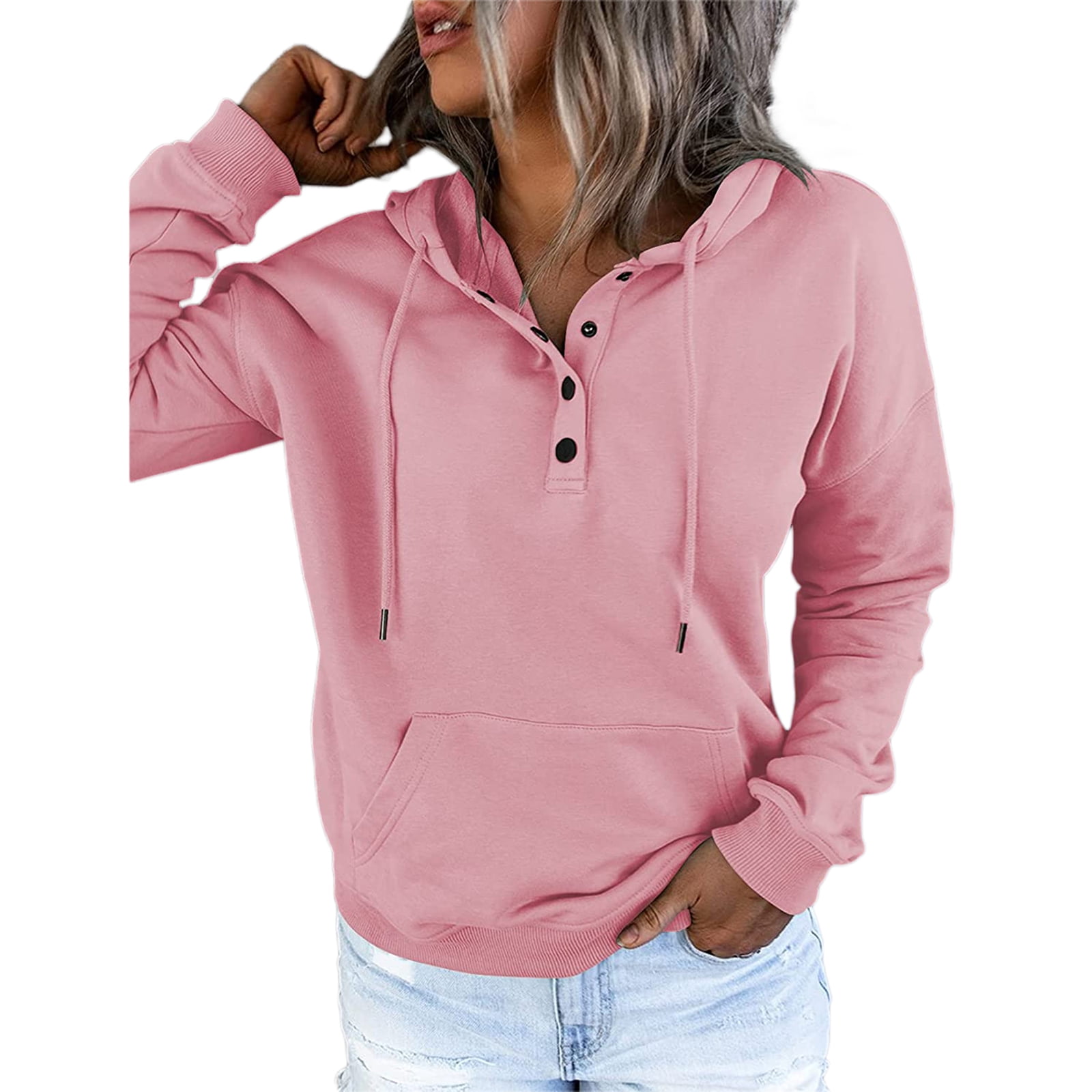 Womens Solid Color Loose Drawstring Pocket Hoodie Pullover Tops