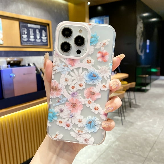 SaniMore Case for iPhone 15 Pro 6.1" 2023, Soft Shockproof Silicone Flower Series Magnetic Shell Lens All-inclusive Wireless Charging Slim Lightweight Anti-yellow Ultra-clear Cover, Blue/Pink