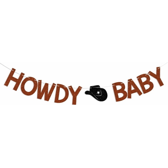 Howdy Baby Banner - A Little Cowboy is on the Way Sign, Cowboy Cowgirl Baby Shower Birthday Party Decorations Brown Glitter