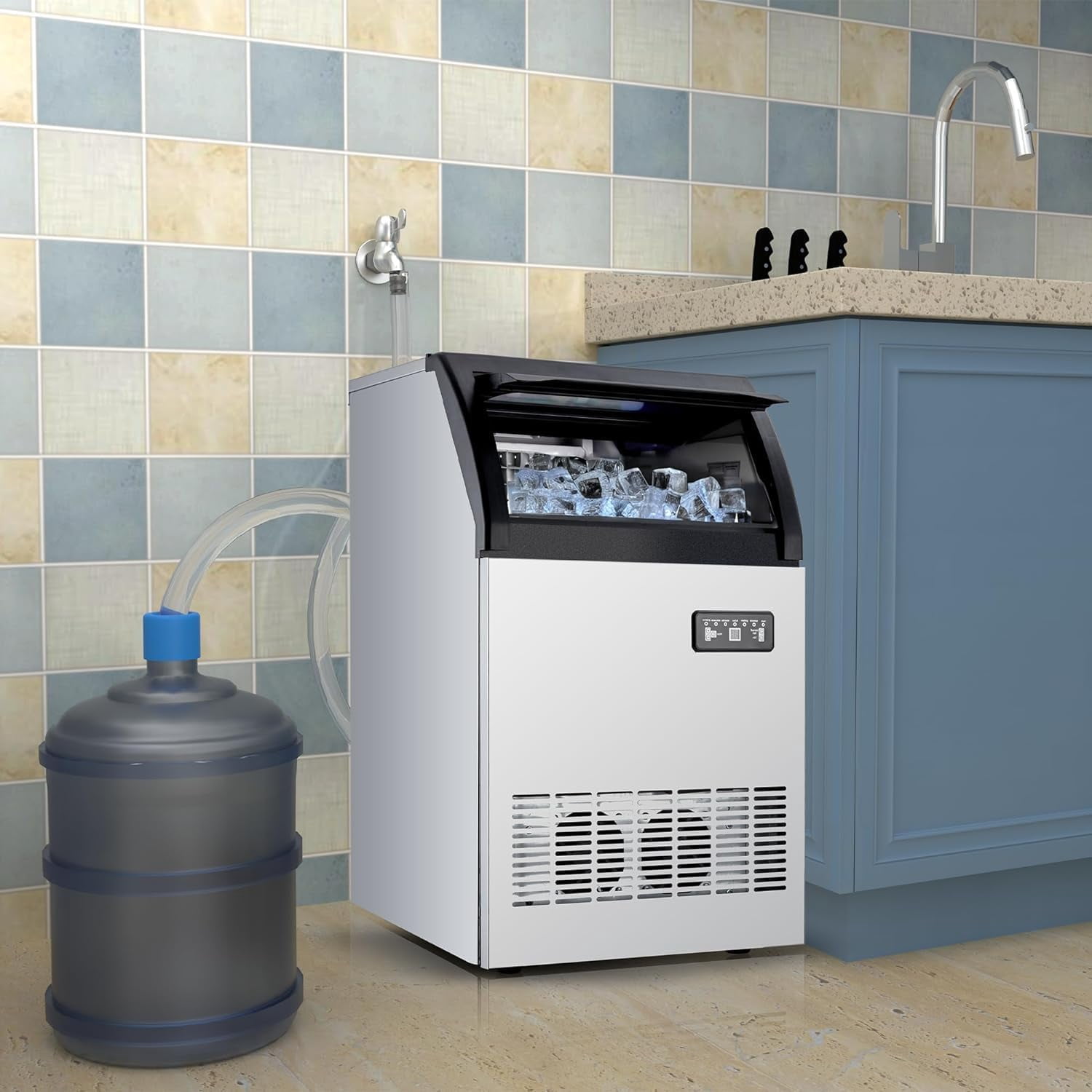 Litake Commercial Ice Makers Countertop, 120Lbs/24H Stainless Steel Ice Cube Maker Machine with Self Cleaning, for Home Kitchen Office Restaurant Bar, with Water Filter, Scoops, Drain Pipe