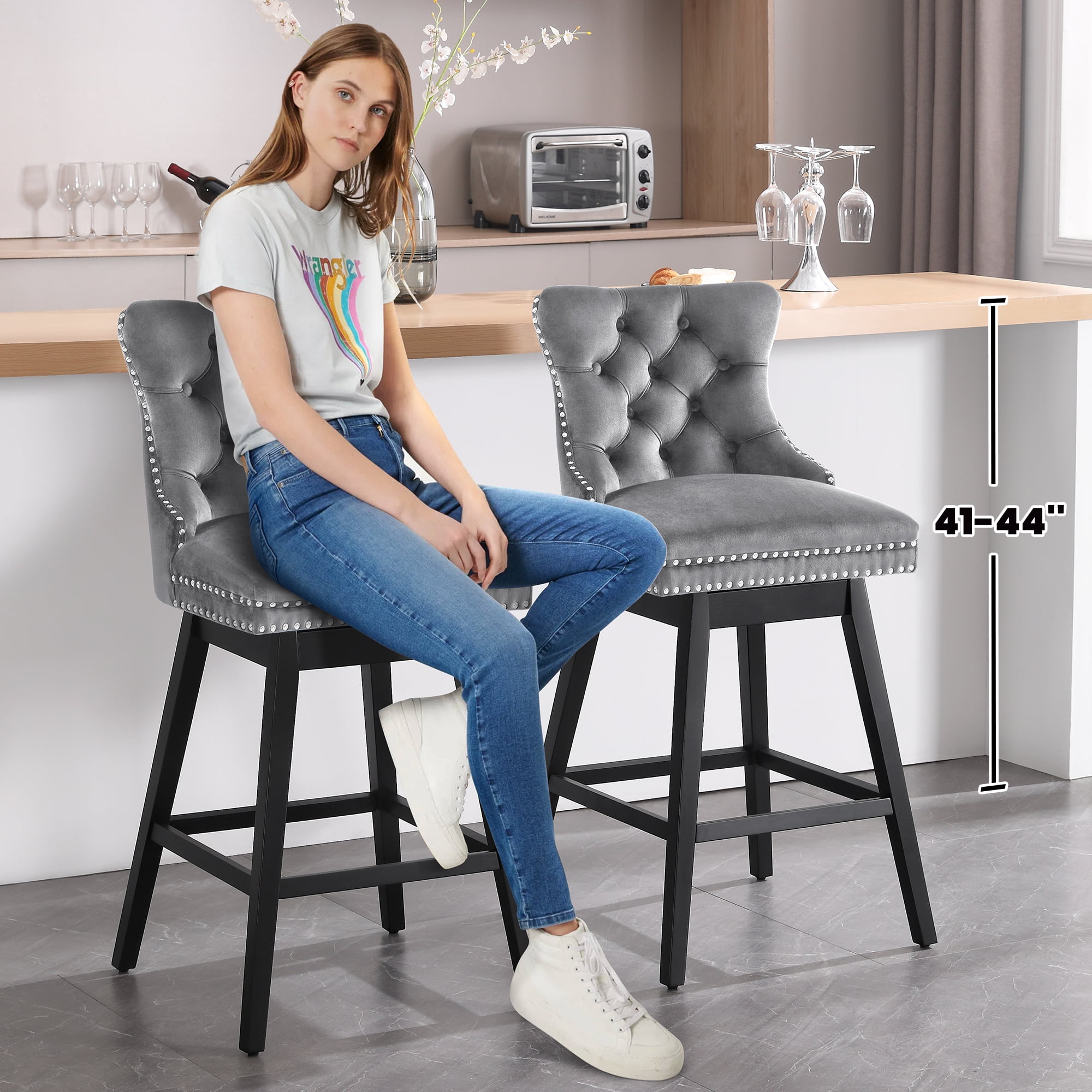 Tewloss 30" Swivel Bar Stools Set of 4 With Back Velvet Bar Height Chairs for Home Kitchen, Gray