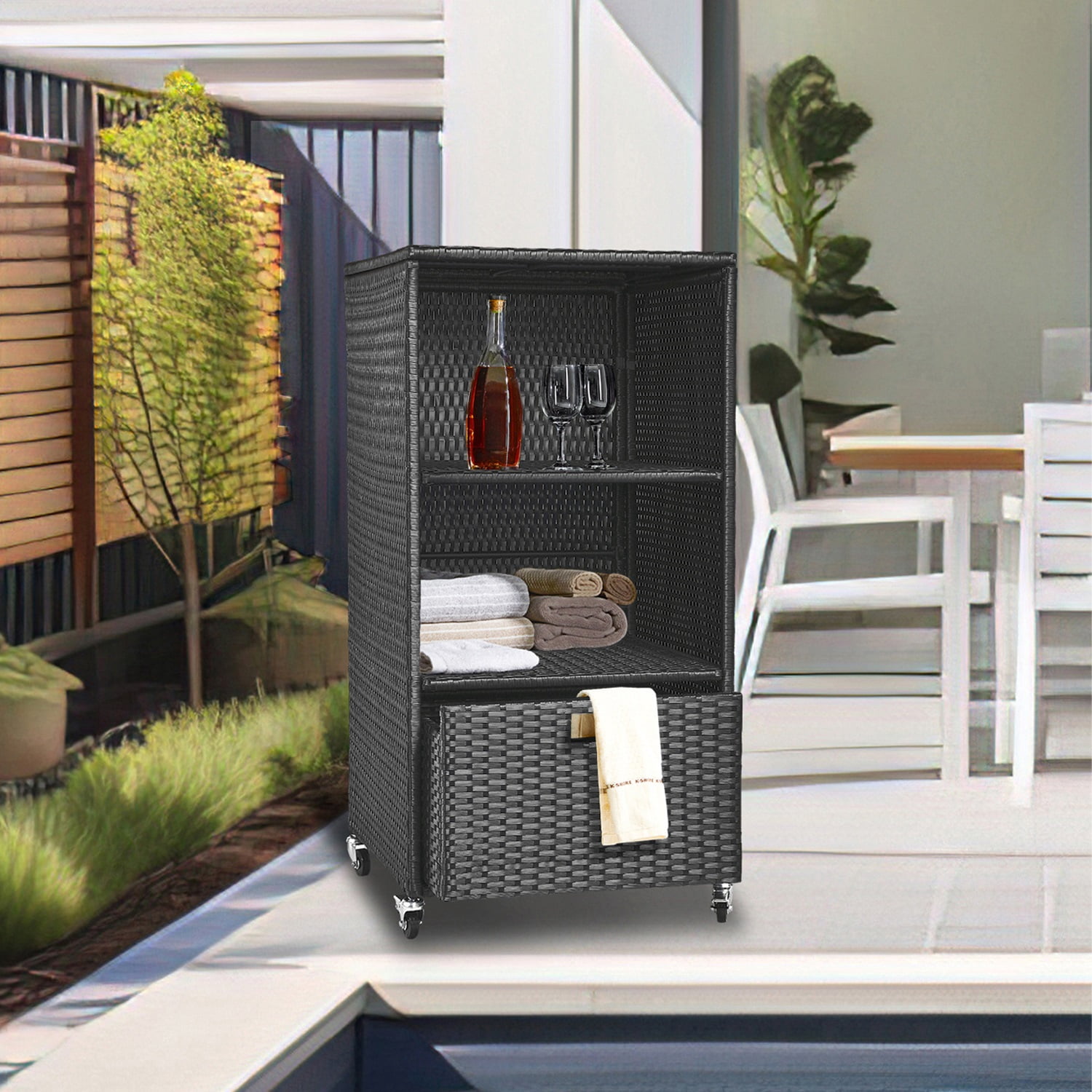 Outdoor Towel Rack for Pool Outdoor Pool Towel Storage Cabinet with Shelf & Drawer Pool Towel Holder with Rolling Wheels Hot Tub Towel Rack w/Waterproof Cover Poolside Towel Valet Caddy for Spa Black