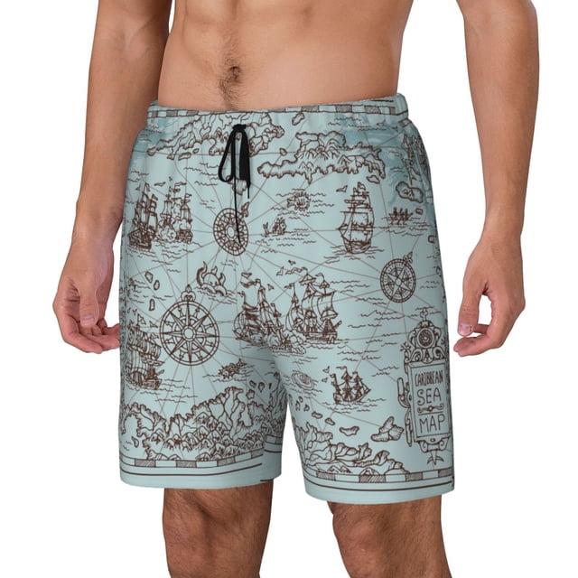 Balery Pirate Adventure Map Bañador para hombre, shorts de playa de secado rápido con entrepierna y forro de compresión-Large