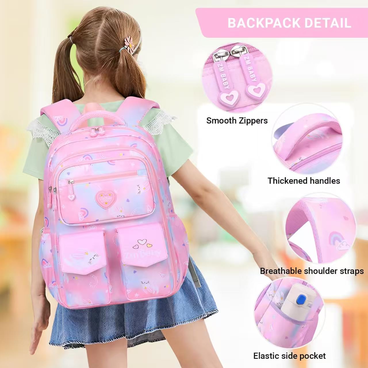 Mochila escolar KIVDIT para niñas, morral infantil resistente, bolso escolar espacioso con múltiples bolsillos para niñas, rosa 6