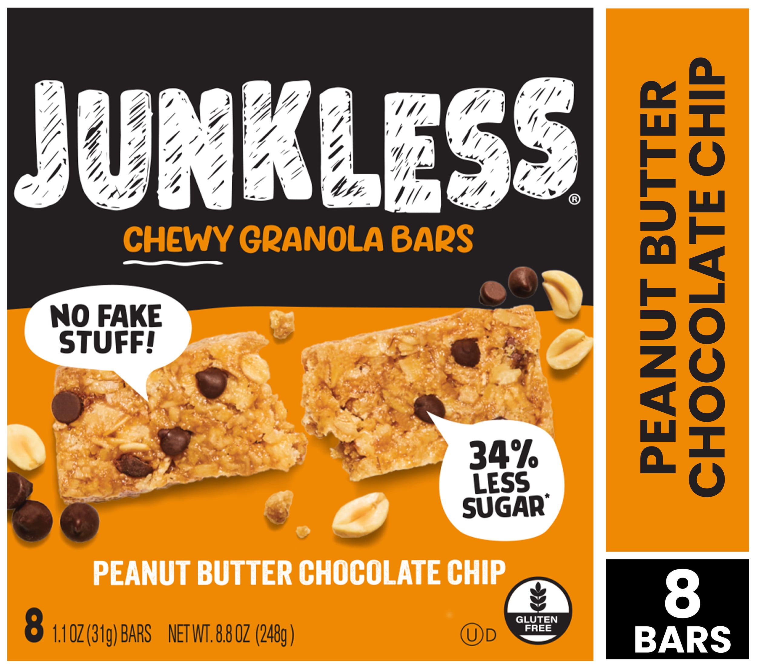 (4 pack) Junkless Chewy Peanut Butter Chocolate Chip Granola Snack Bars, 1.1 oz, 8 Count