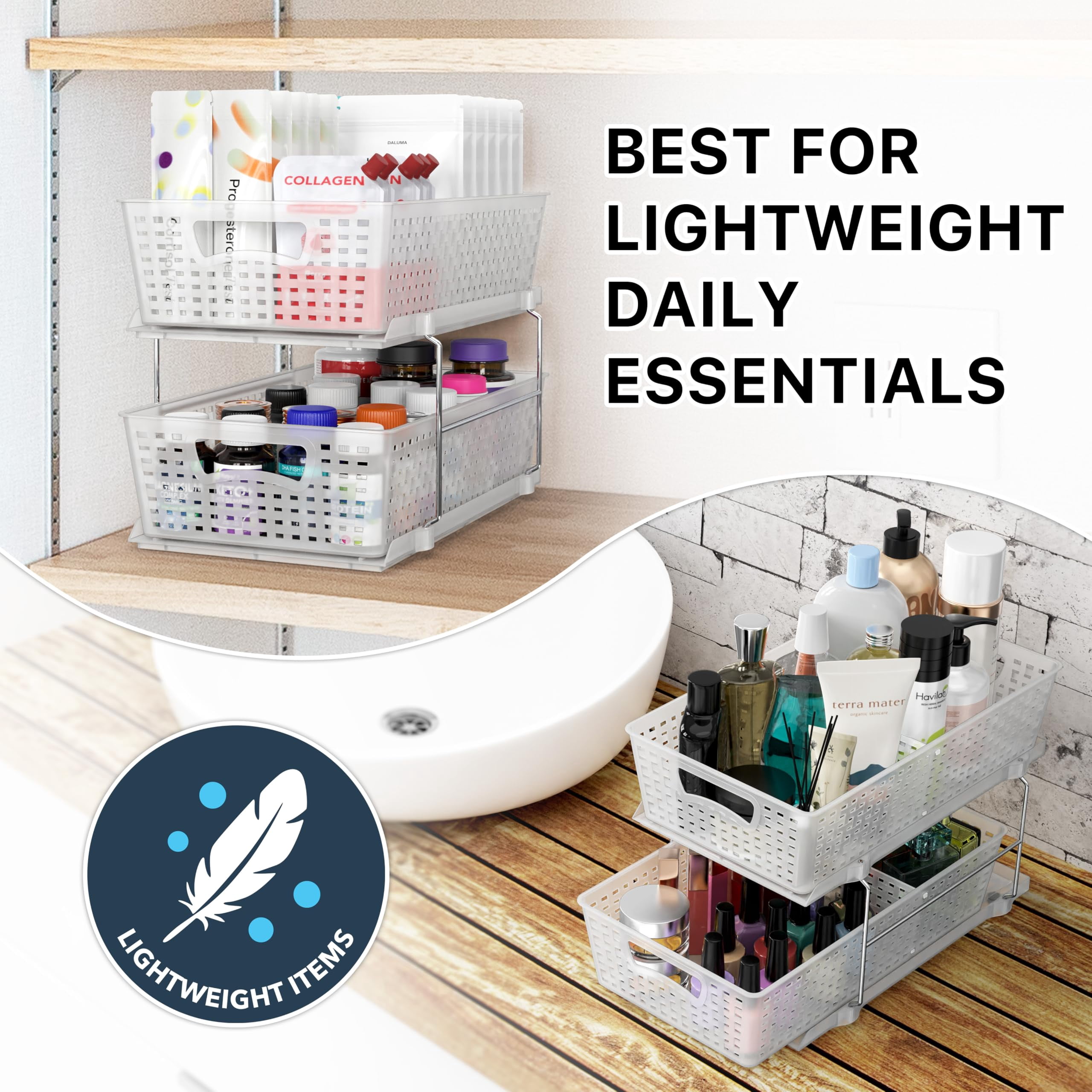 2 Tier Bathroom Organizer Tray Pull-out Sliding Drawer/under-sink Storage  Clear